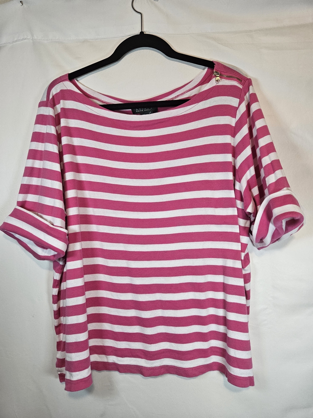 Lauren Ralph Lauren Pink and White Striped Boatneck Tee with Shoulder Zip